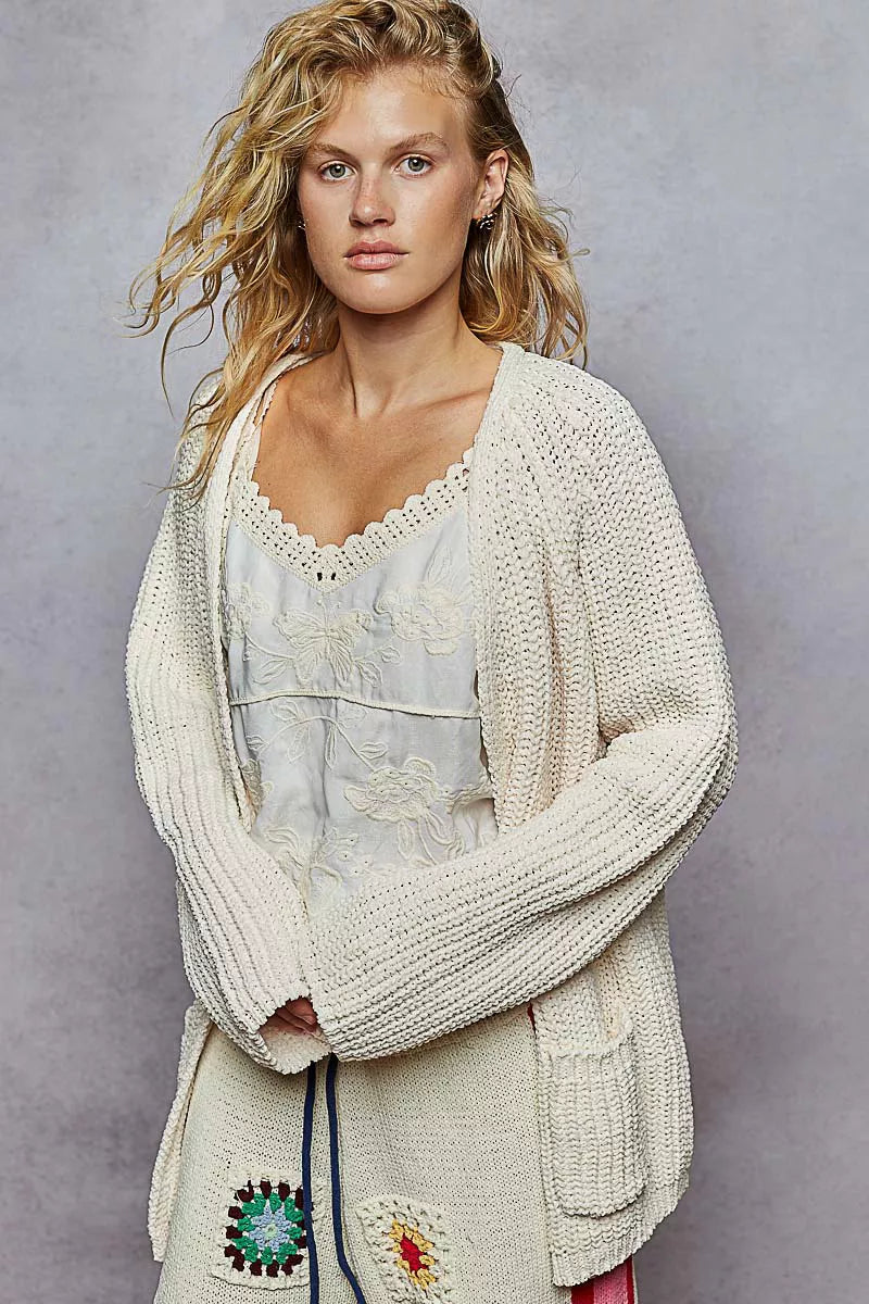 POL POL Open Front Knit Cardigan with Front Pocket