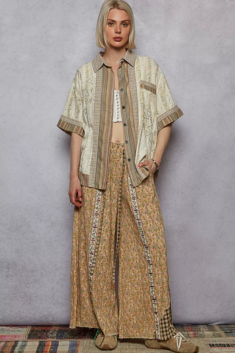 POL POL Printed Button Down Patchwork Short Sleeve Shirt