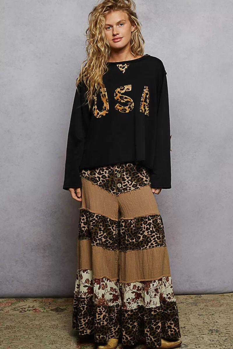 POL POL Round Neck Long Sleeve French Terry Sweatshirt with USA Letter Animal Patch