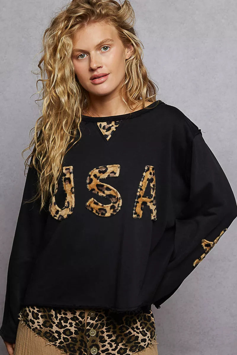 POL POL Round Neck Long Sleeve French Terry Sweatshirt with USA Letter Animal Patch