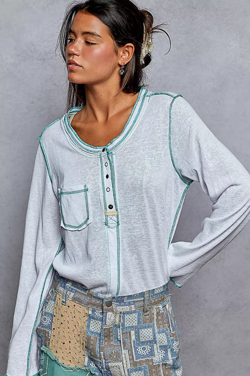 POL POL Round Neck Long Sleeve Top with Contrast Stitching