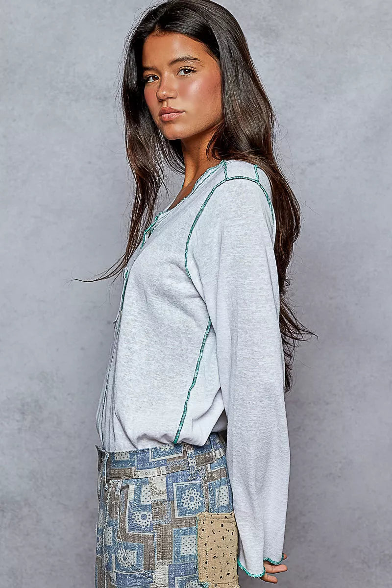 POL POL Round Neck Long Sleeve Top with Contrast Stitching