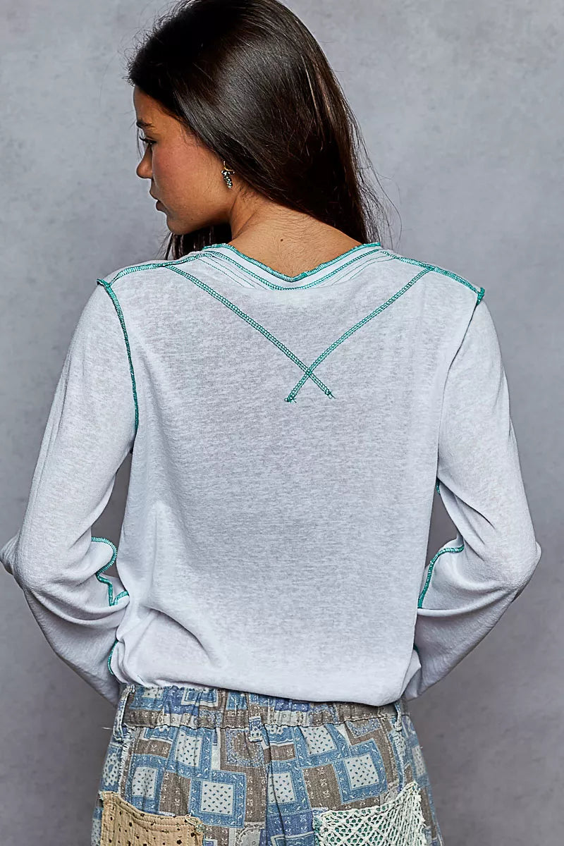 POL POL Round Neck Long Sleeve Top with Contrast Stitching