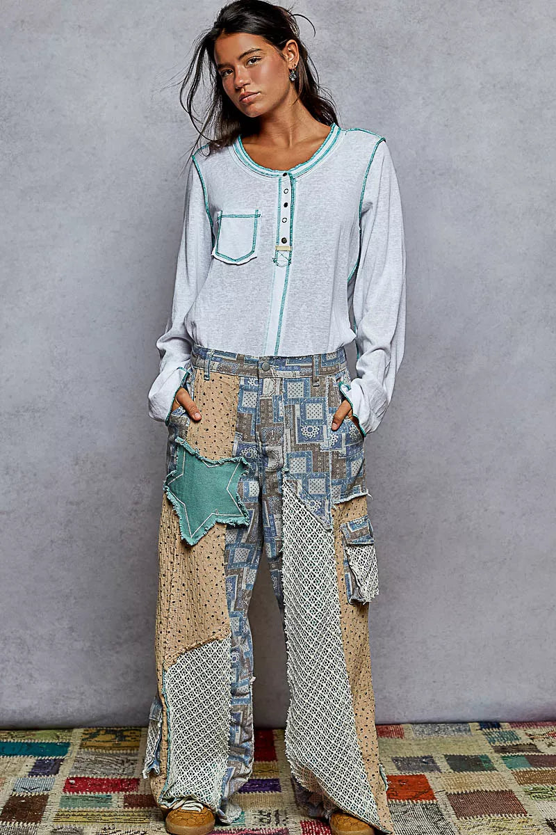 POL POL Round Neck Long Sleeve Top with Contrast Stitching