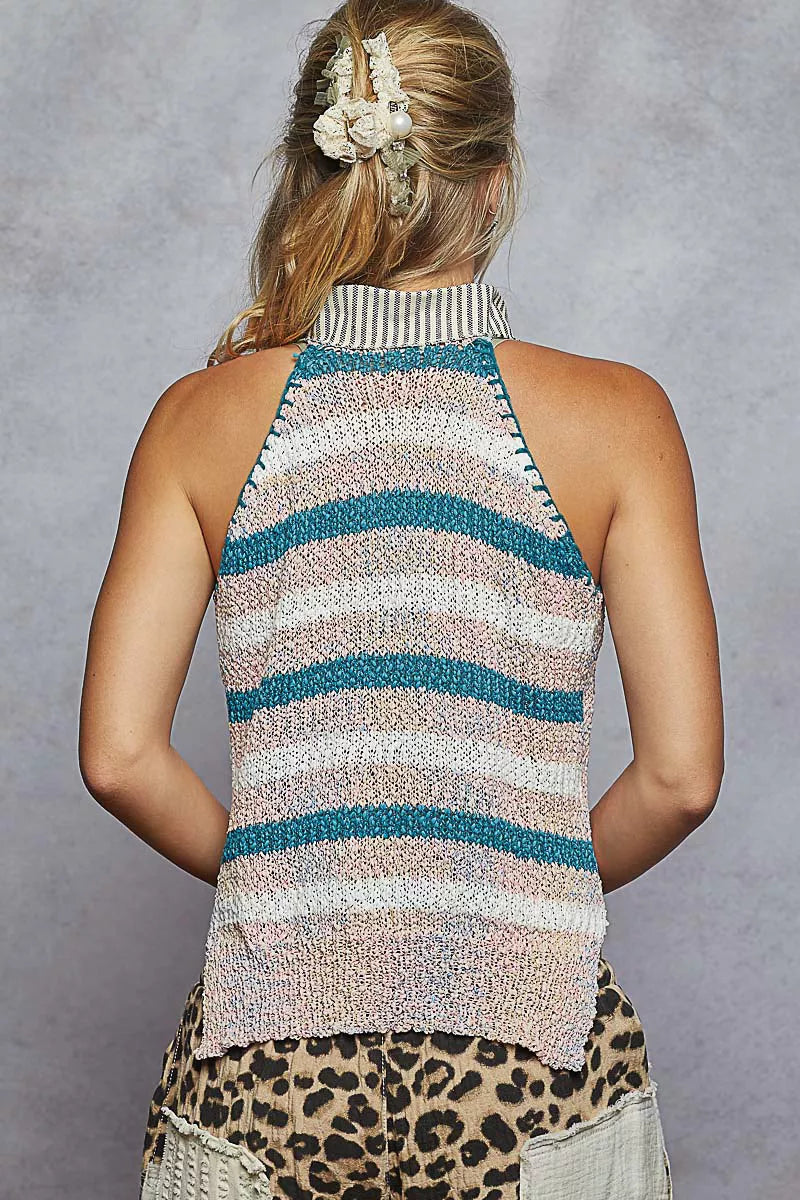 POL POL Striped Collar Sweater Vest with Star Patch