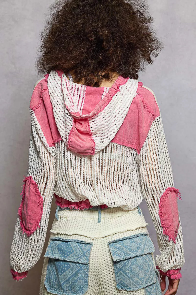 POL POL Texture Woven Button Down Hooded Shirt with Drawstring Hem