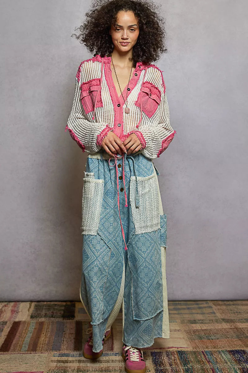 POL POL Texture Woven Button Down Hooded Shirt with Drawstring Hem