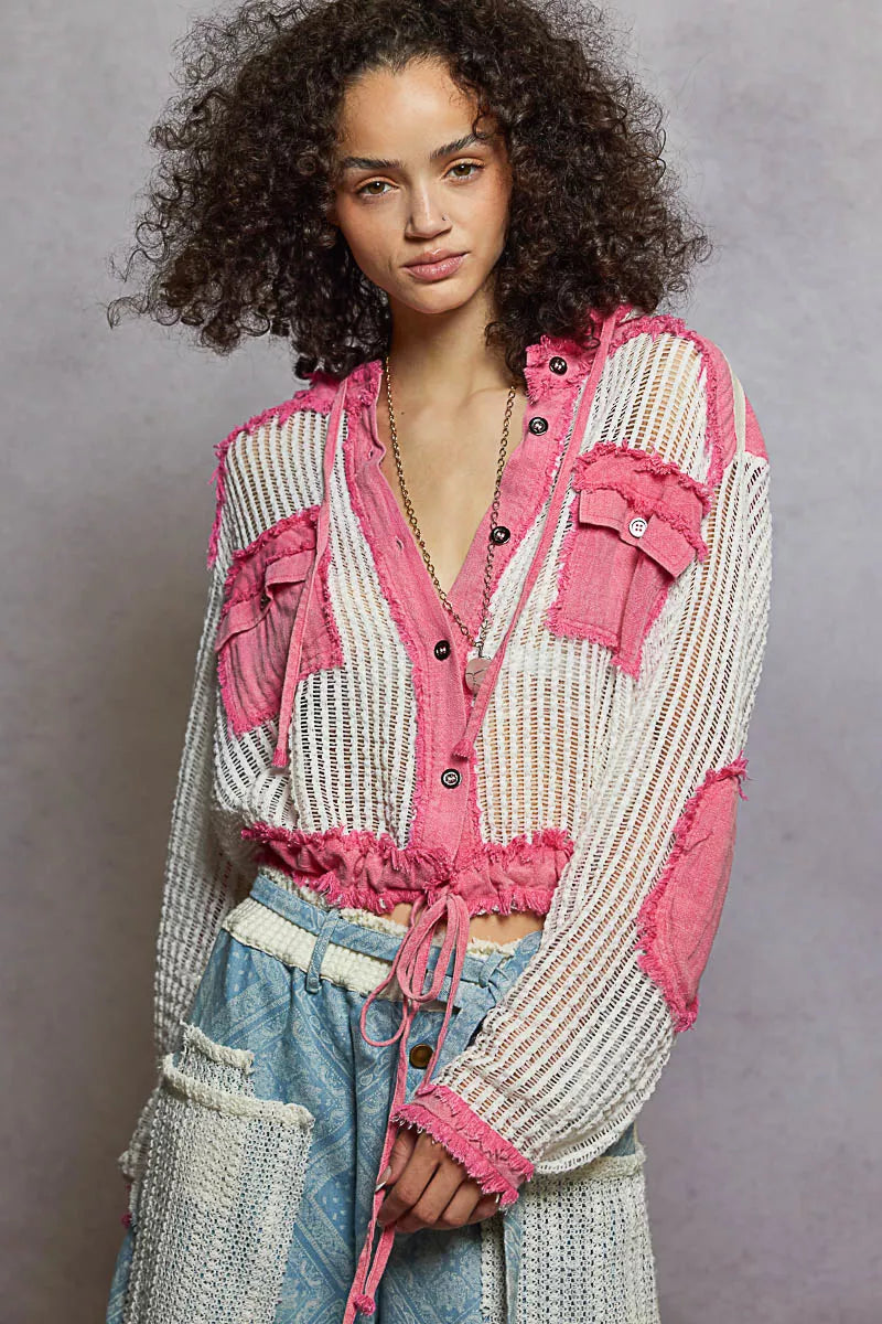 POL POL Texture Woven Button Down Hooded Shirt with Drawstring Hem