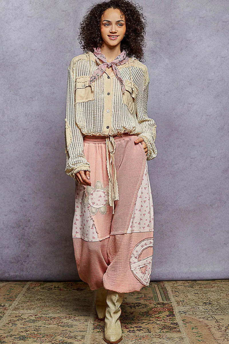 POL POL Texture Woven Button Down Hooded Shirt with Drawstring Hem