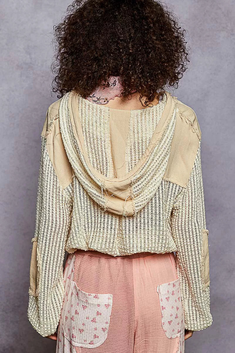 POL POL Texture Woven Button Down Hooded Shirt with Drawstring Hem