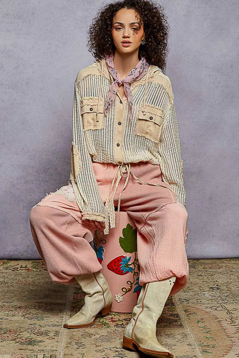 POL POL Texture Woven Button Down Hooded Shirt with Drawstring Hem