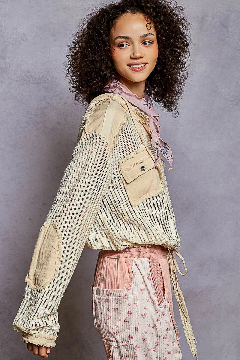 POL POL Texture Woven Button Down Hooded Shirt with Drawstring Hem