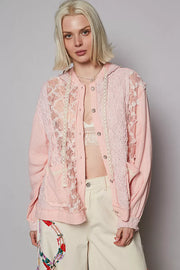 POL POWDER PINK / S POL Exposed Seam Button Down Hooded Jacket with Lace Detail