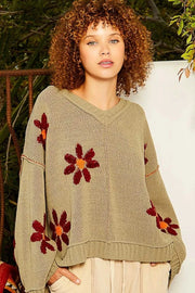 POL Sweater Dresses Olive / S POL V-Neck Floral Pattern Chenille Sweater