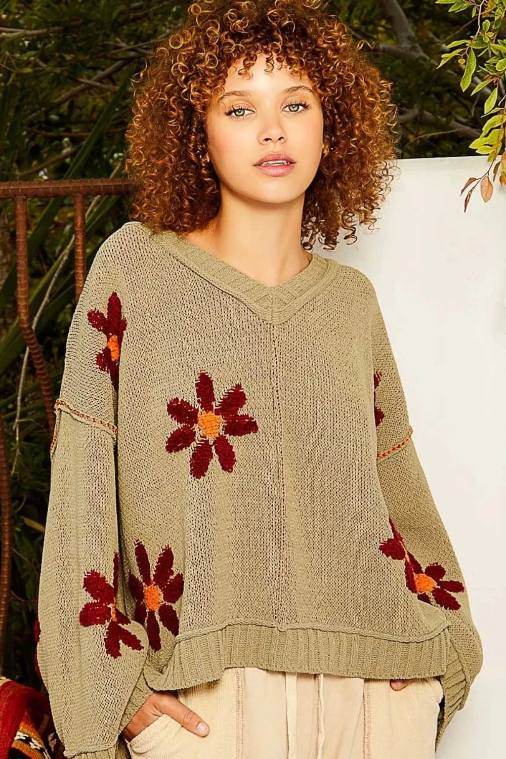 POL Sweater Dresses Olive / S POL V-Neck Floral Pattern Chenille Sweater