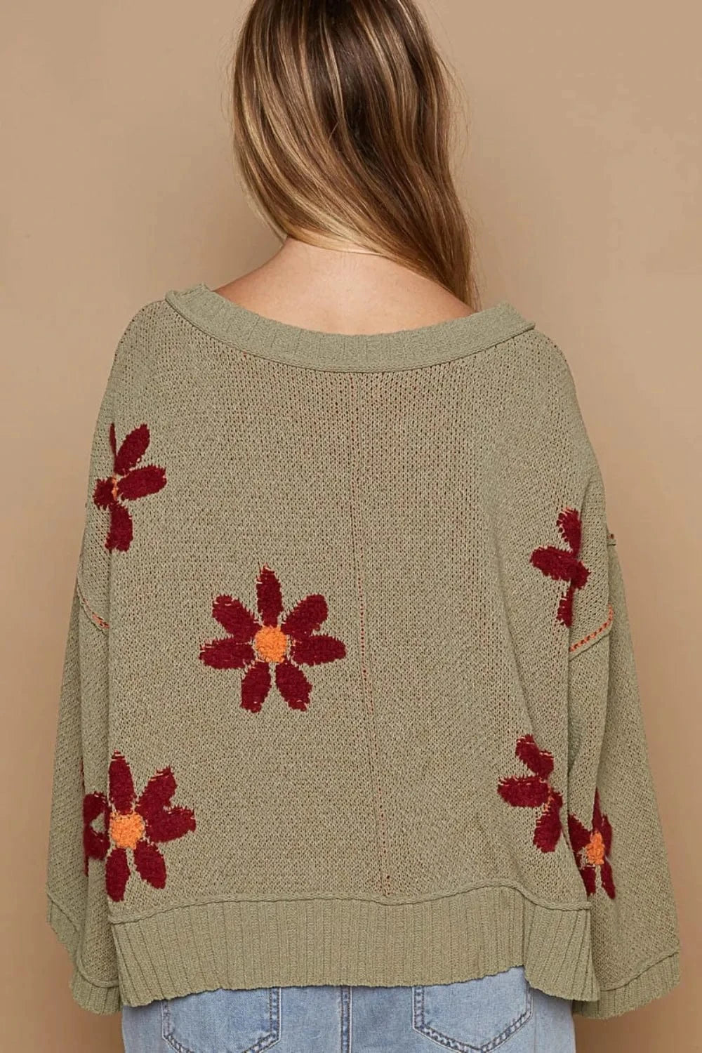 POL Sweater Dresses POL V-Neck Floral Pattern Chenille Sweater