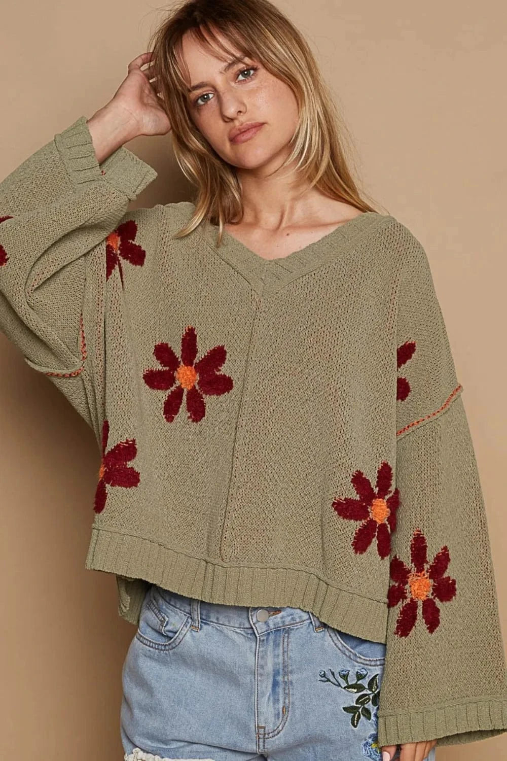 POL Sweater Dresses POL V-Neck Floral Pattern Chenille Sweater