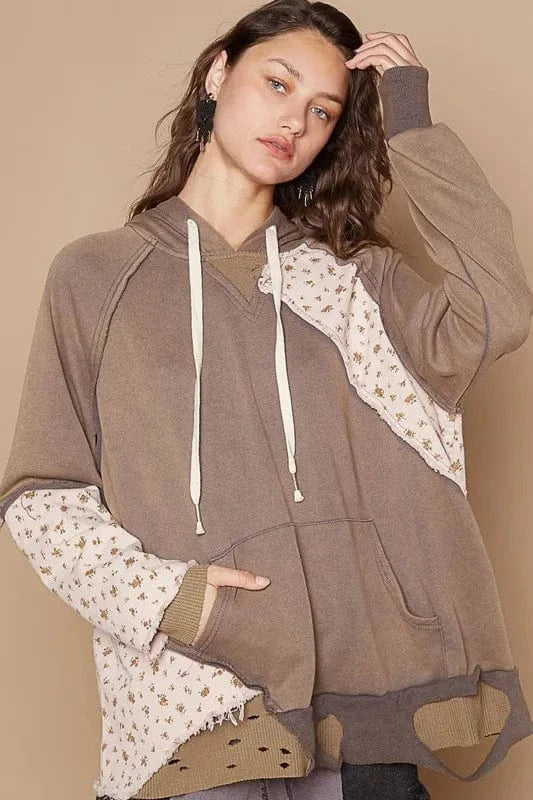 POL Sweatshirts & Hoodies Mocha / S POL Floral Patchwork Distressed Drawstring Hoodie