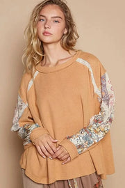 POL Sweatshirts & Hoodies Sherbet / S POL Waffle-Knit Lace Detail Round Neck Top