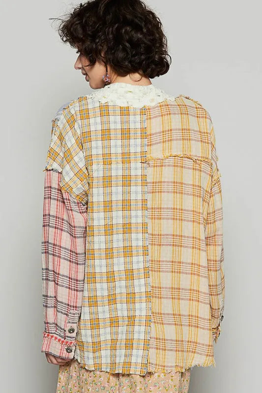POL Trench Coats POL Raw Edge Plaid Open Front Cardigan