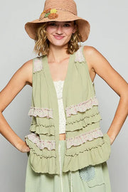 POL Trench Coats Sage Multicolor / S POL Ruffled Open Front Sleeveless Cardigan
