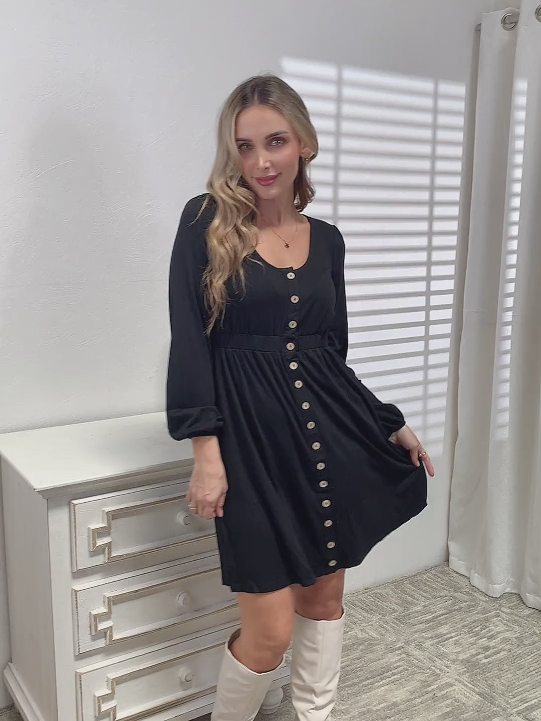 Load video: Scoop Neck Empire Waist Long Sleeve Dress – Elegant Everyday Fit