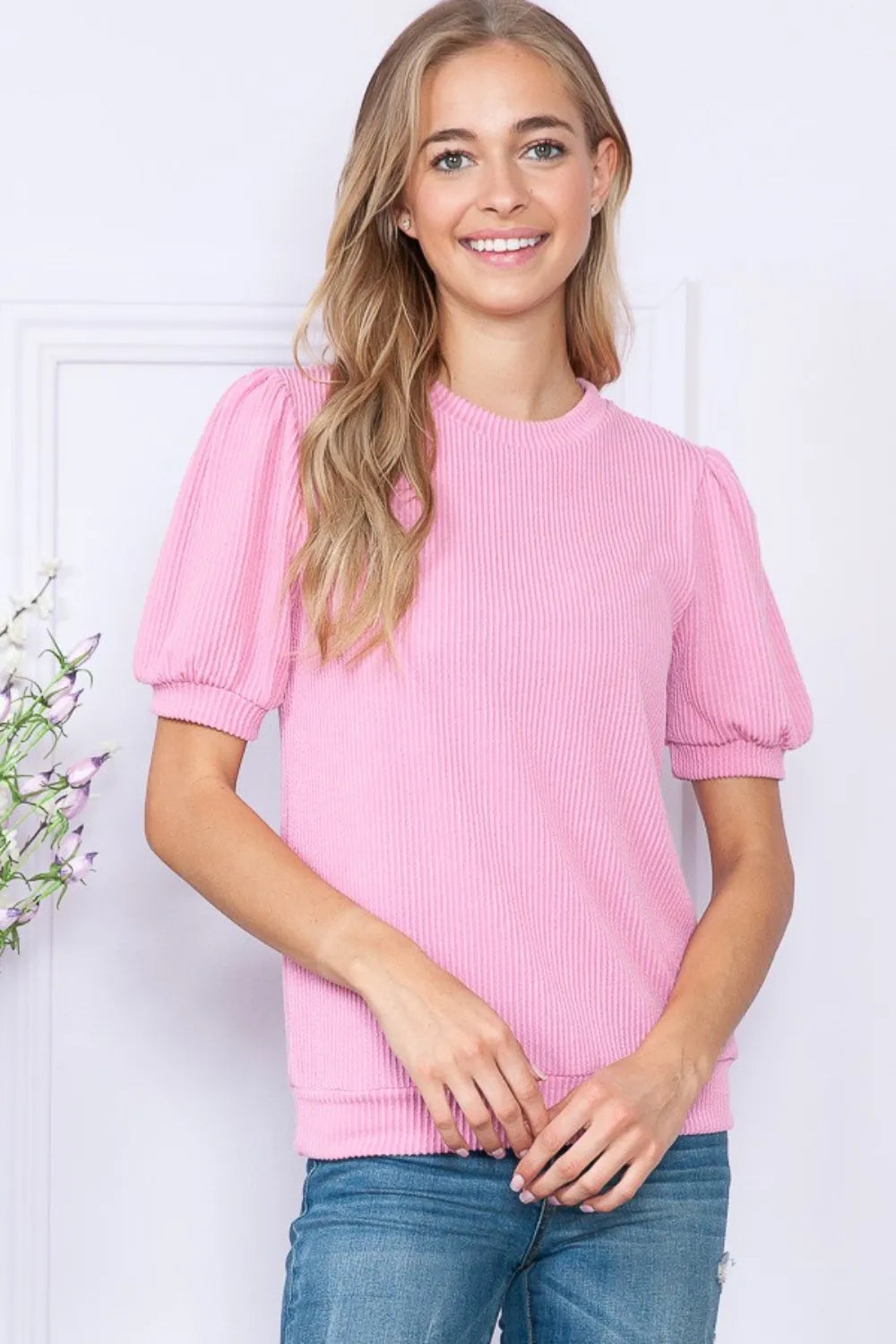 Reborn J PINK / S Reborn J Ribbed Round Neck Short Sleeve Top