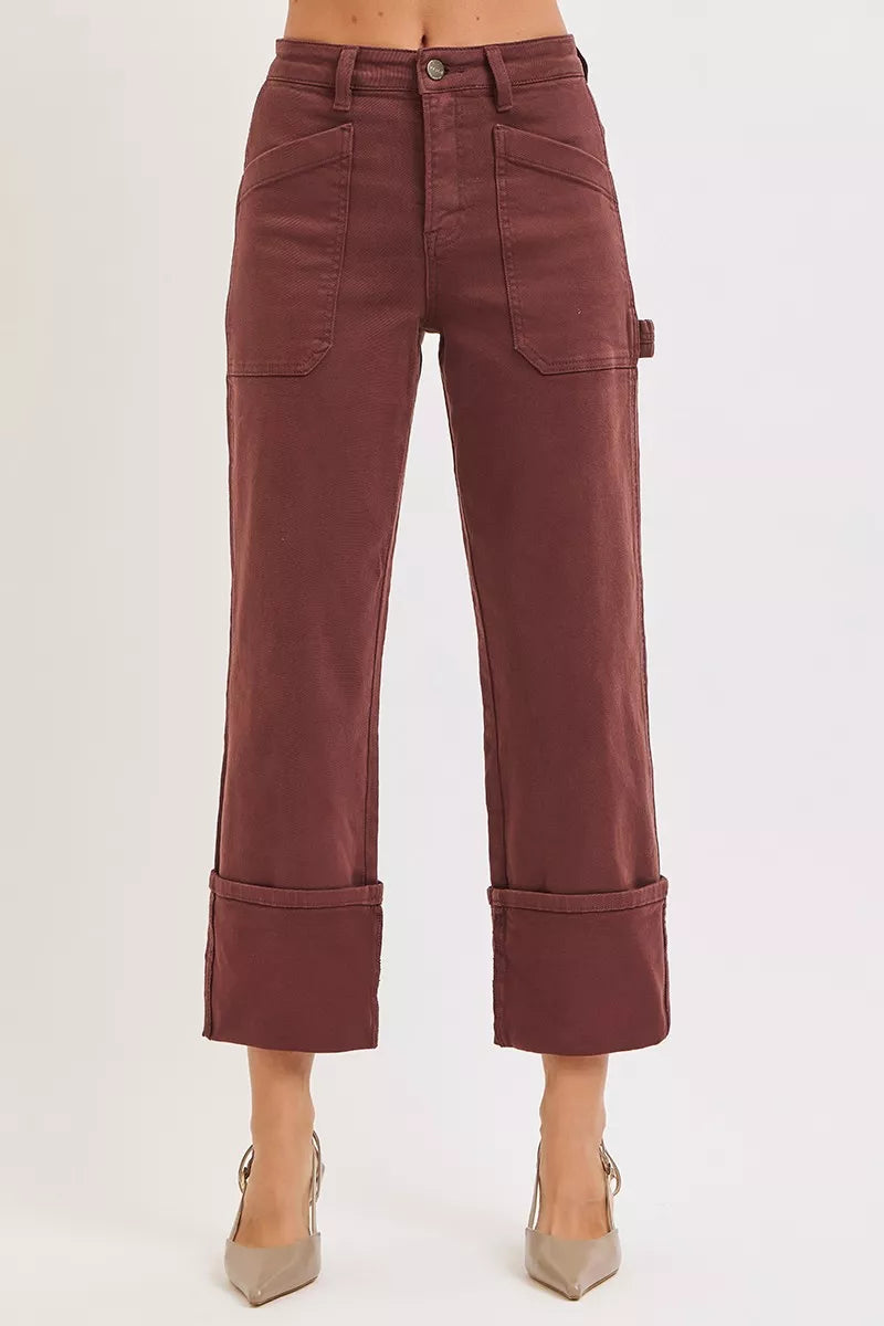 RISEN CHOCO BROWN / 0 RISEN Full Size High Rise Wide Straight Cuffed Patch Jeans Plus Size