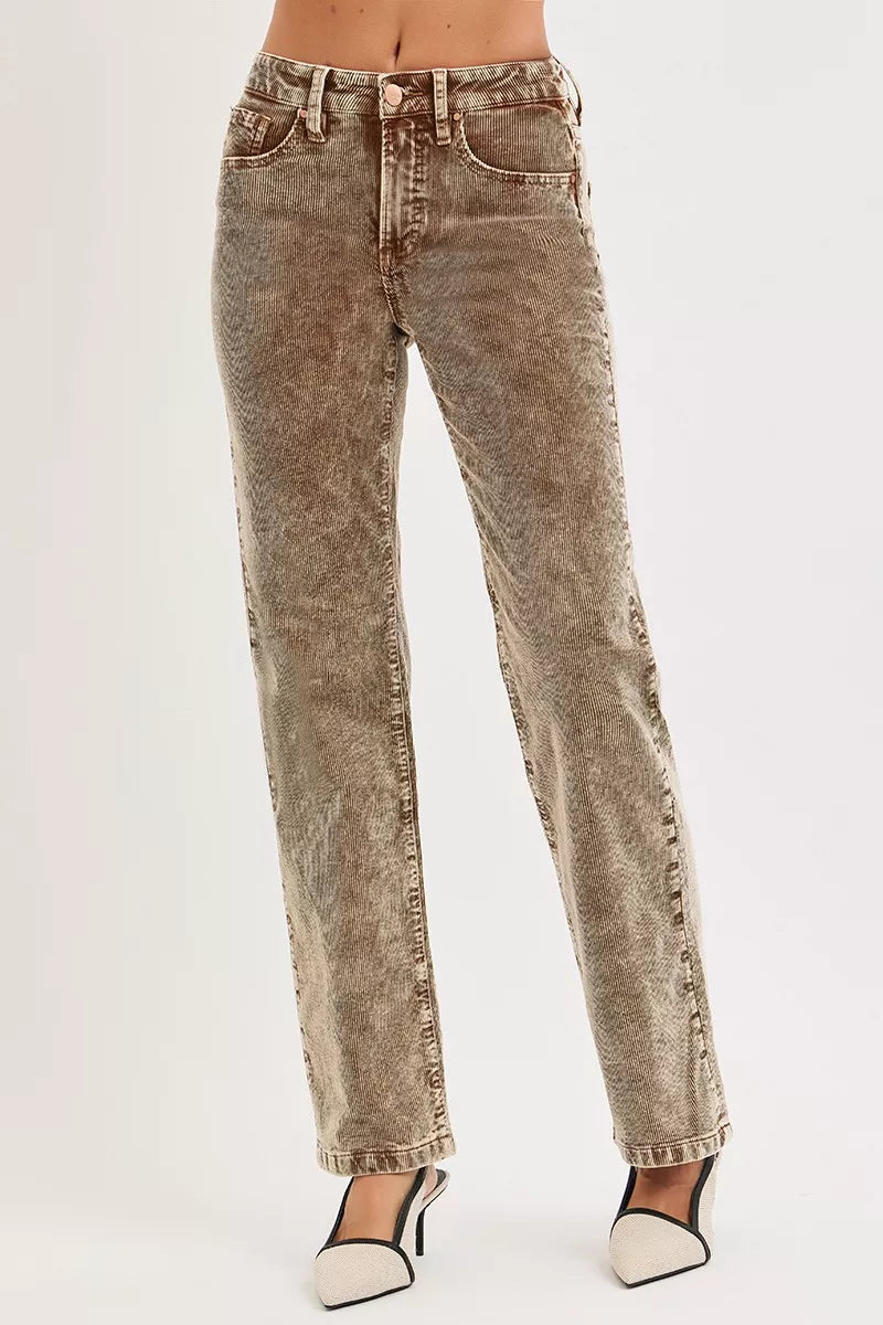 RISEN MOCHA / 0 RISEN Tummy Control Mid Rise Straight Leg Corduroy Pants