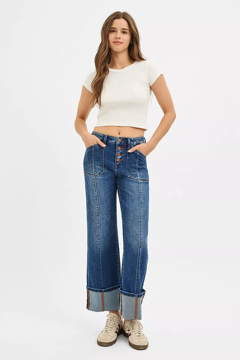 RISEN RISEN Full Size High Rise Crop Wide Straight Cuffed Jeans Plus Size