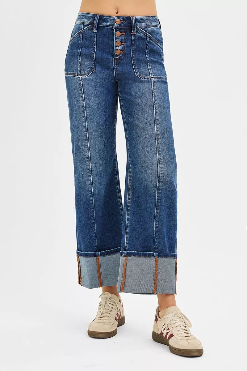 RISEN RISEN Full Size High Rise Crop Wide Straight Cuffed Jeans Plus Size