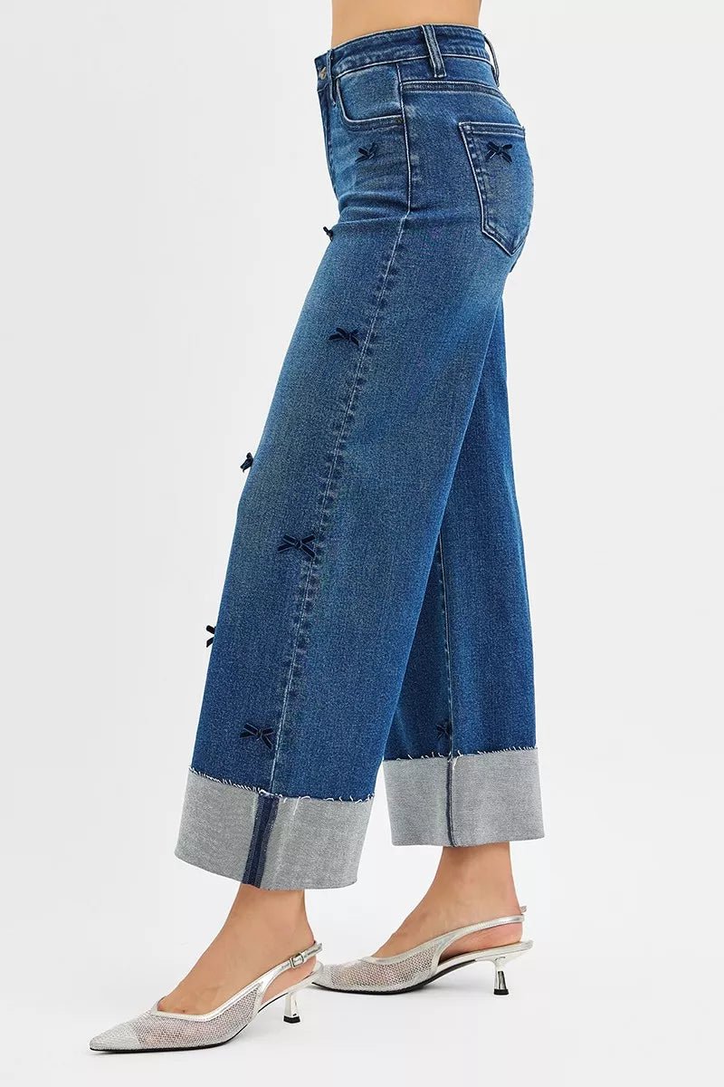 RISEN RISEN High Rise Crop Wide Leg Ribbon Detail Jeans