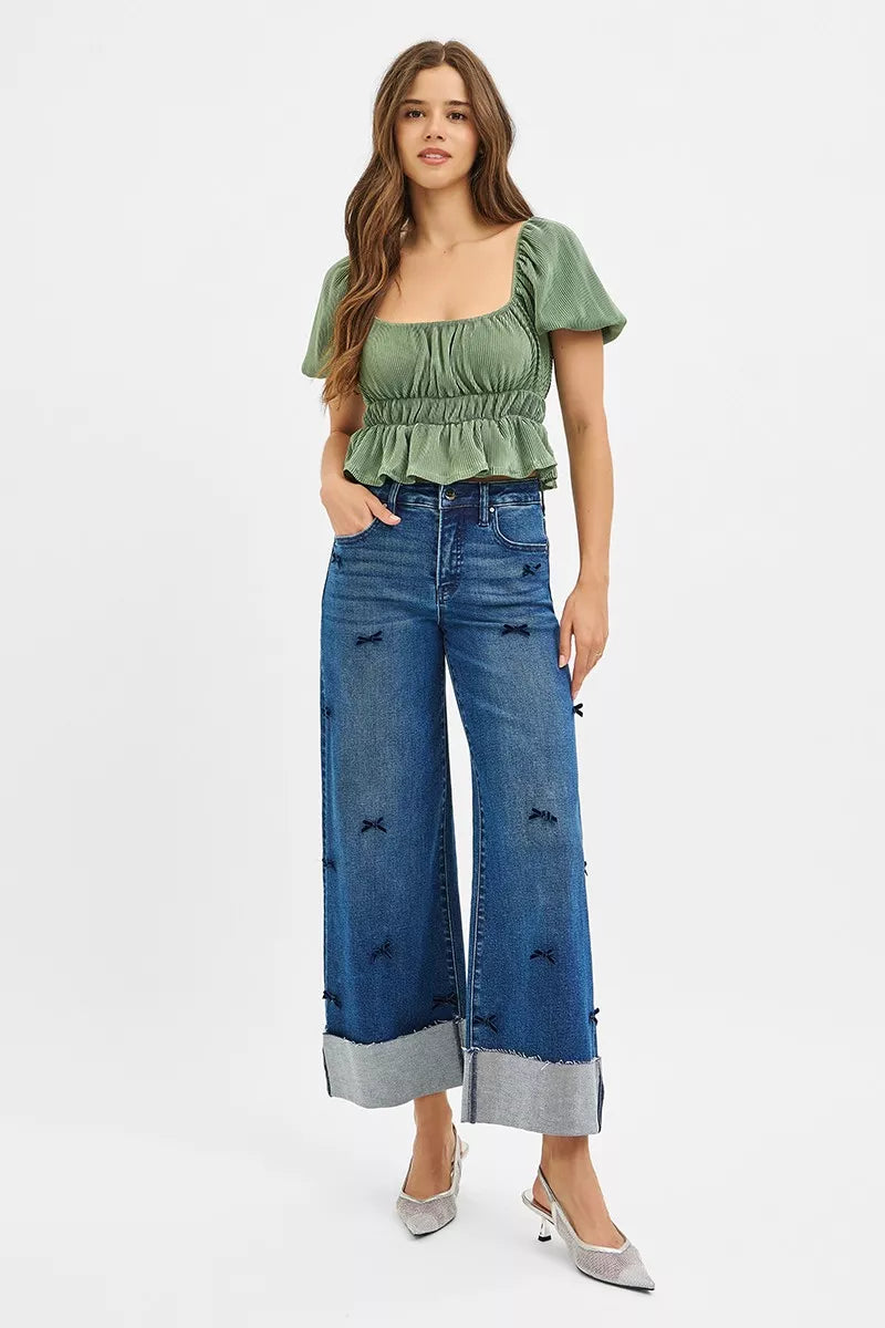 RISEN RISEN High Rise Crop Wide Leg Ribbon Detail Jeans
