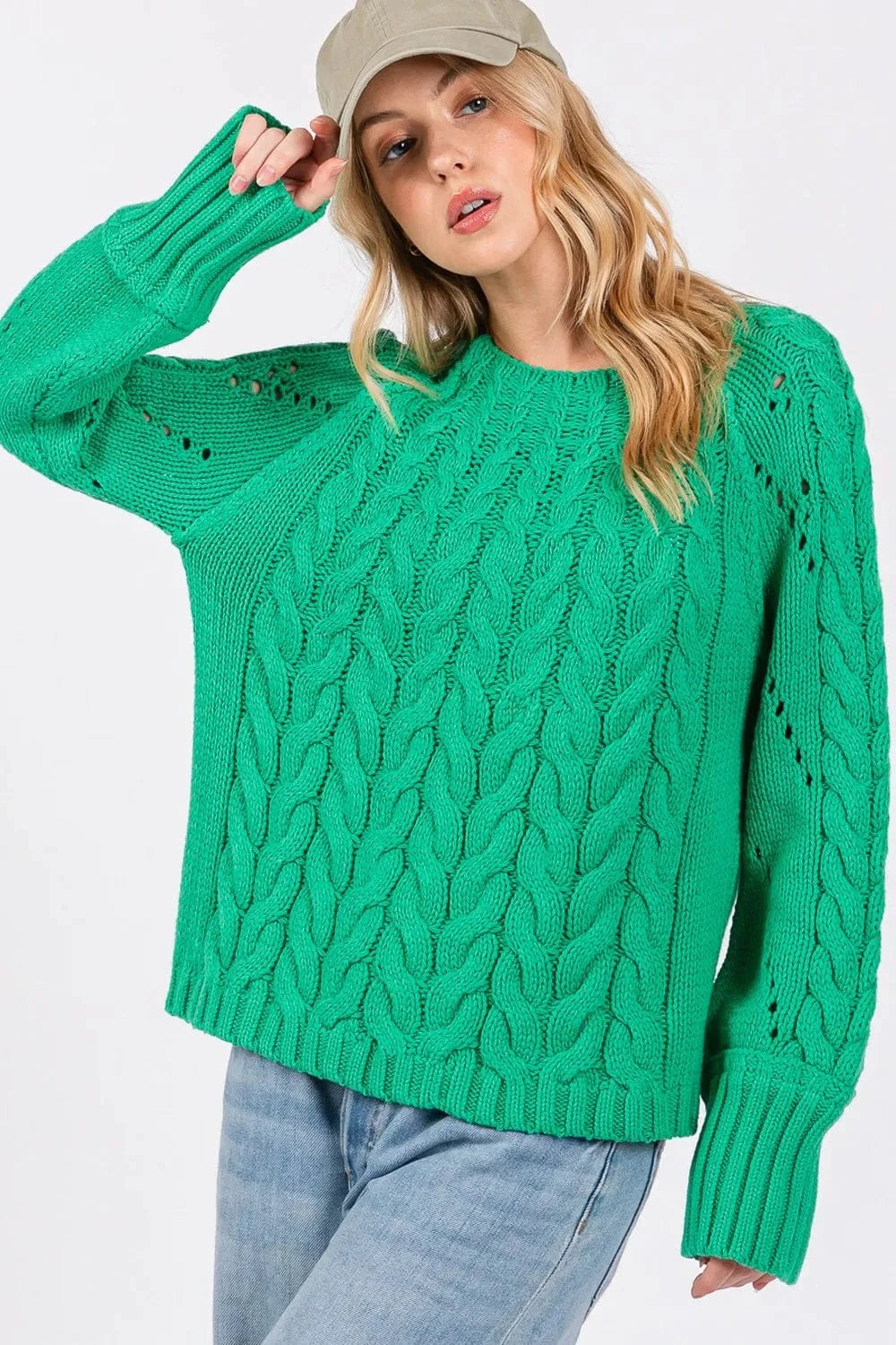 SAGE + FIG Sweater Dresses Emerald / S SAGE + FIG Cable-Knit Long Sleeve Sweater