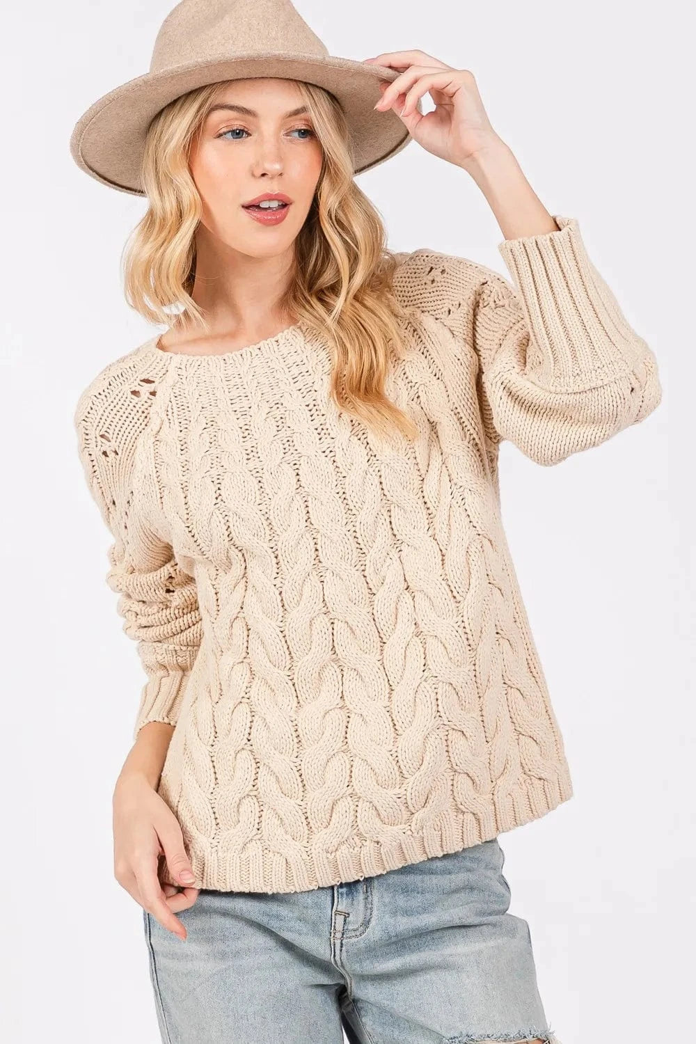 SAGE + FIG Sweater Dresses Natural / S SAGE + FIG Cable-Knit Long Sleeve Sweater