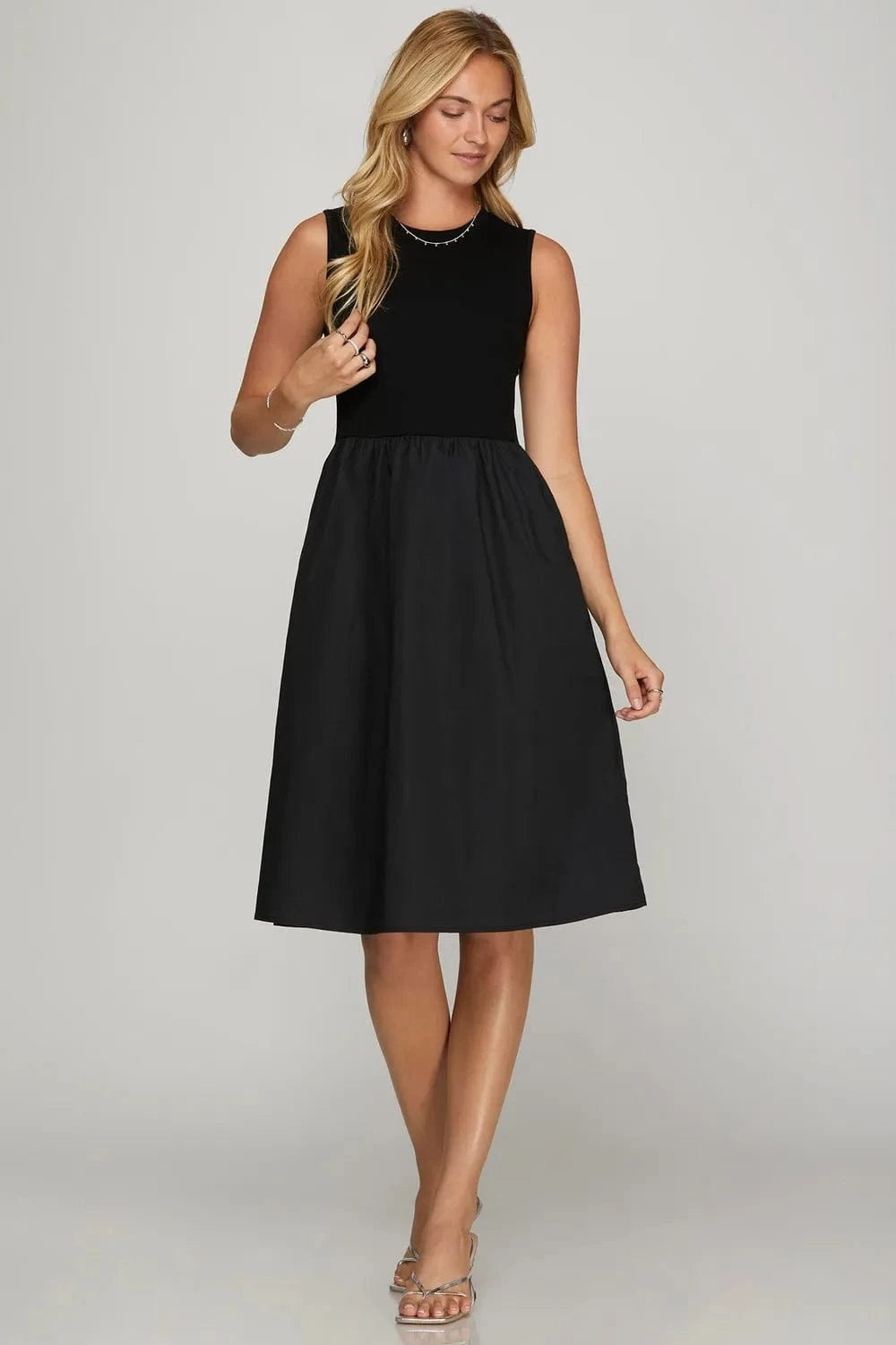 She + Sky dresses Black / S She + Sky Full Size Sleeveless Poplin Woven Midi Dress with Pockets Plus Size