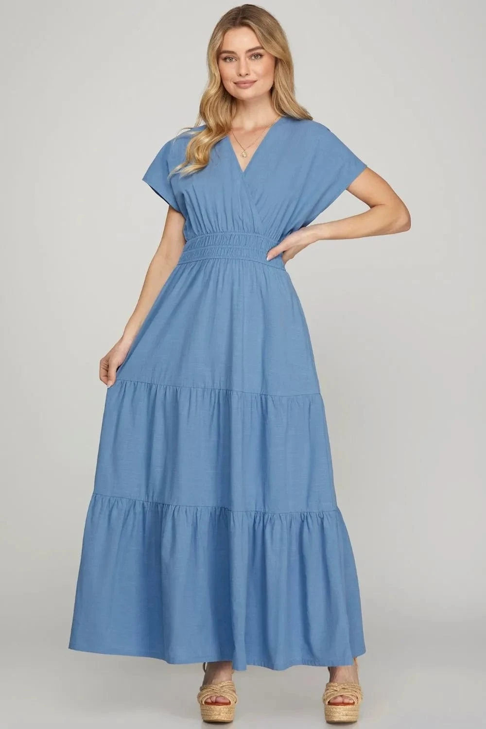 She + Sky dresses Cerulean / S She + Sky Surplice Short Sleeve Tiered Maxi Dress With Pockets