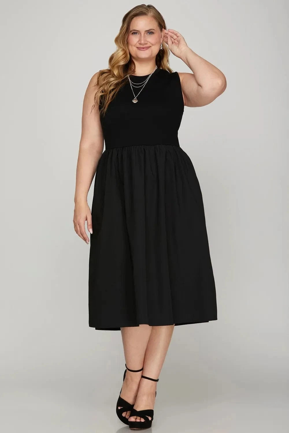 She + Sky dresses She + Sky Full Size Sleeveless Poplin Woven Midi Dress with Pockets Plus Size