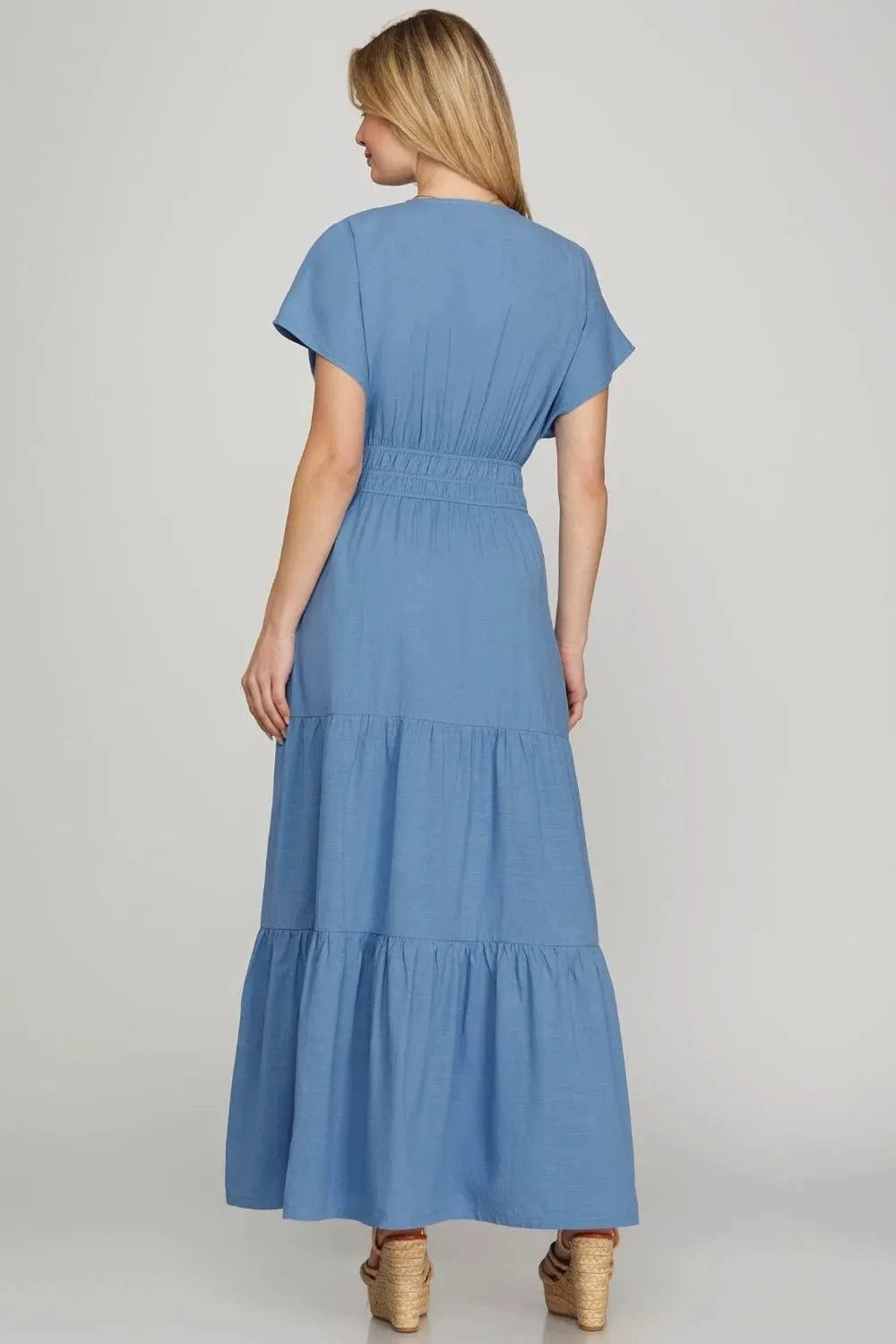 She + Sky dresses She + Sky Surplice Short Sleeve Tiered Maxi Dress With Pockets