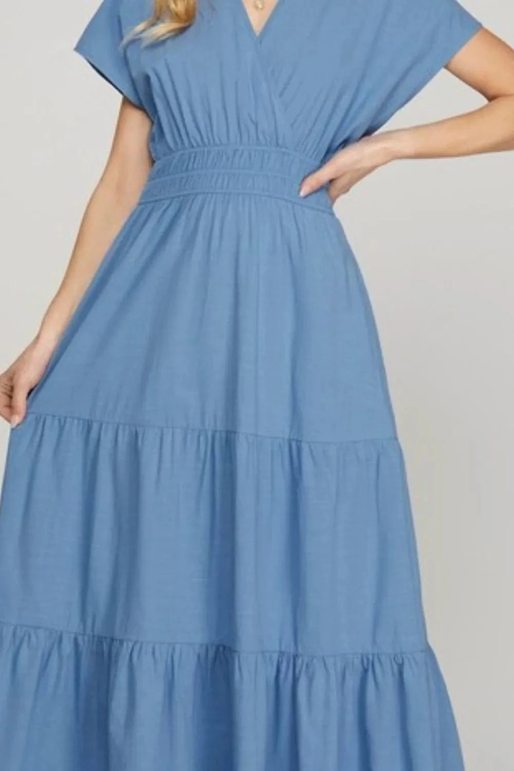 She + Sky dresses She + Sky Surplice Short Sleeve Tiered Maxi Dress With Pockets