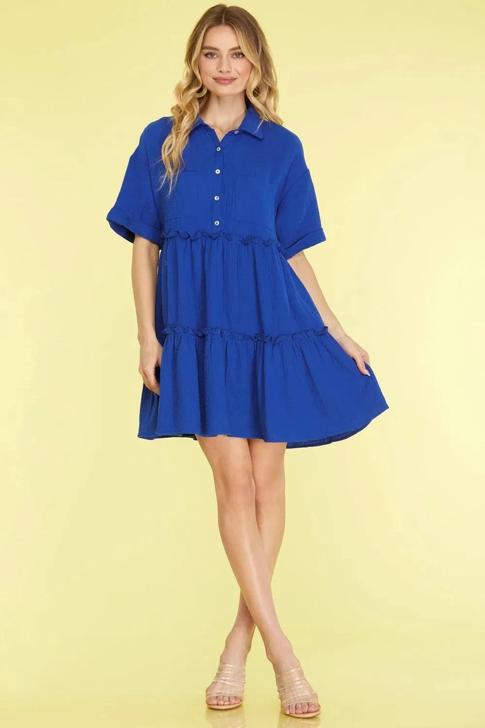 She + Sky Mini Dresses Dark Blue / S She + Sky Full Size Button Front Frill Tiered Mini Dress Plus Size