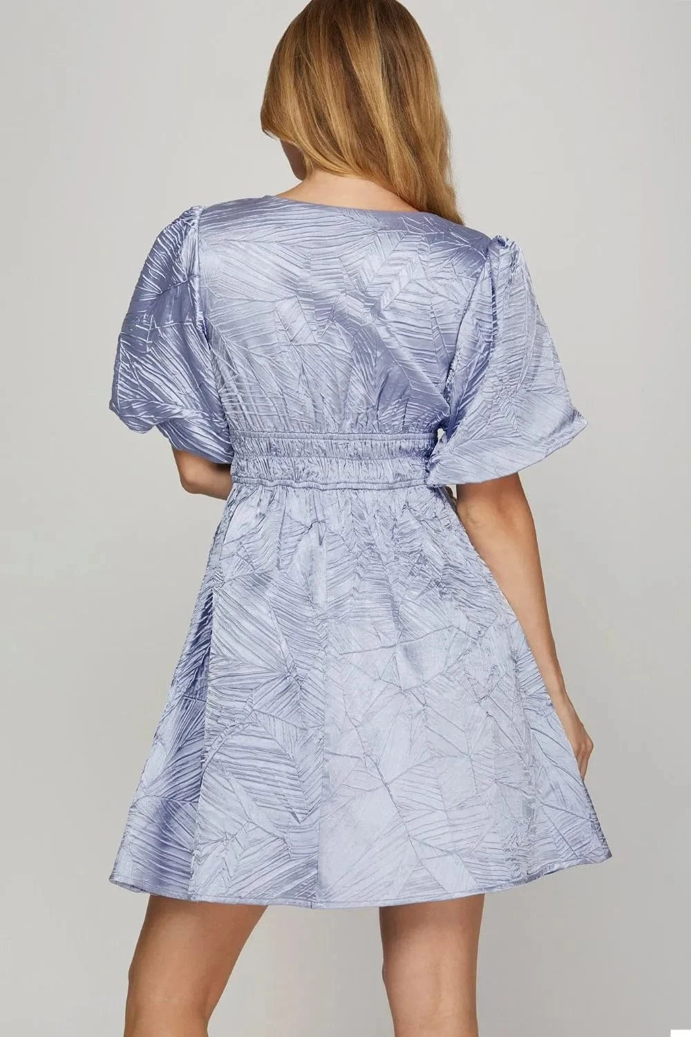 She + Sky Mini Dresses She + Sky Crinkle Woven V-Neck Balloon Sleeve Mini Dress