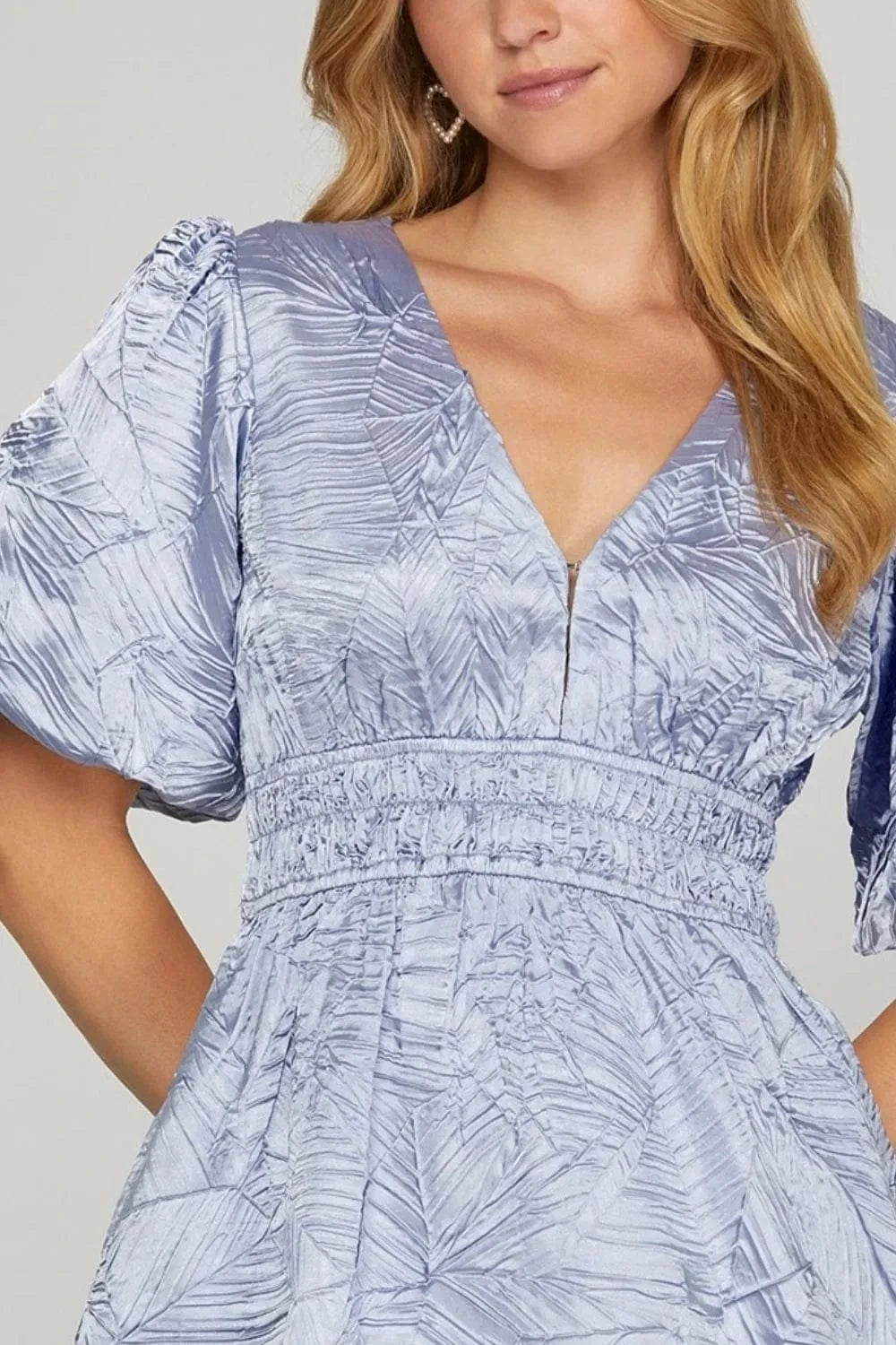 She + Sky Mini Dresses She + Sky Crinkle Woven V-Neck Balloon Sleeve Mini Dress