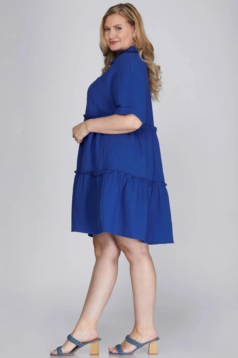 She + Sky Mini Dresses She + Sky Full Size Button Front Frill Tiered Mini Dress Plus Size