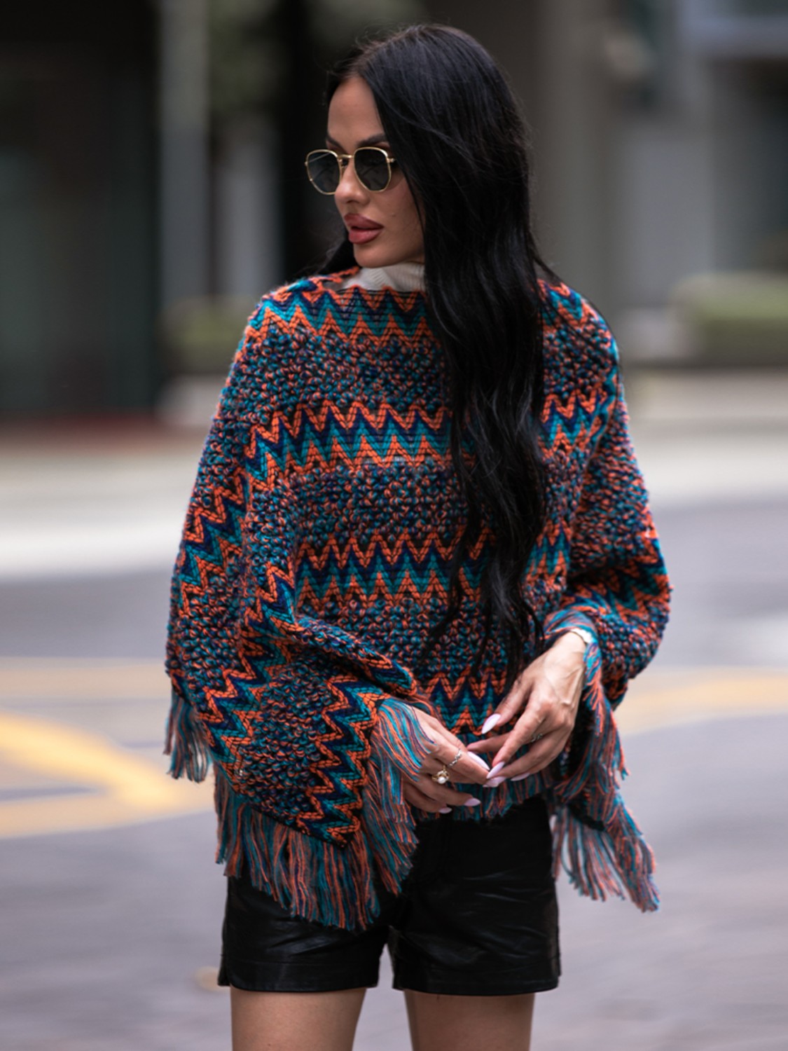 Shiny Shiny Fringe Hem Boat Neck Poncho