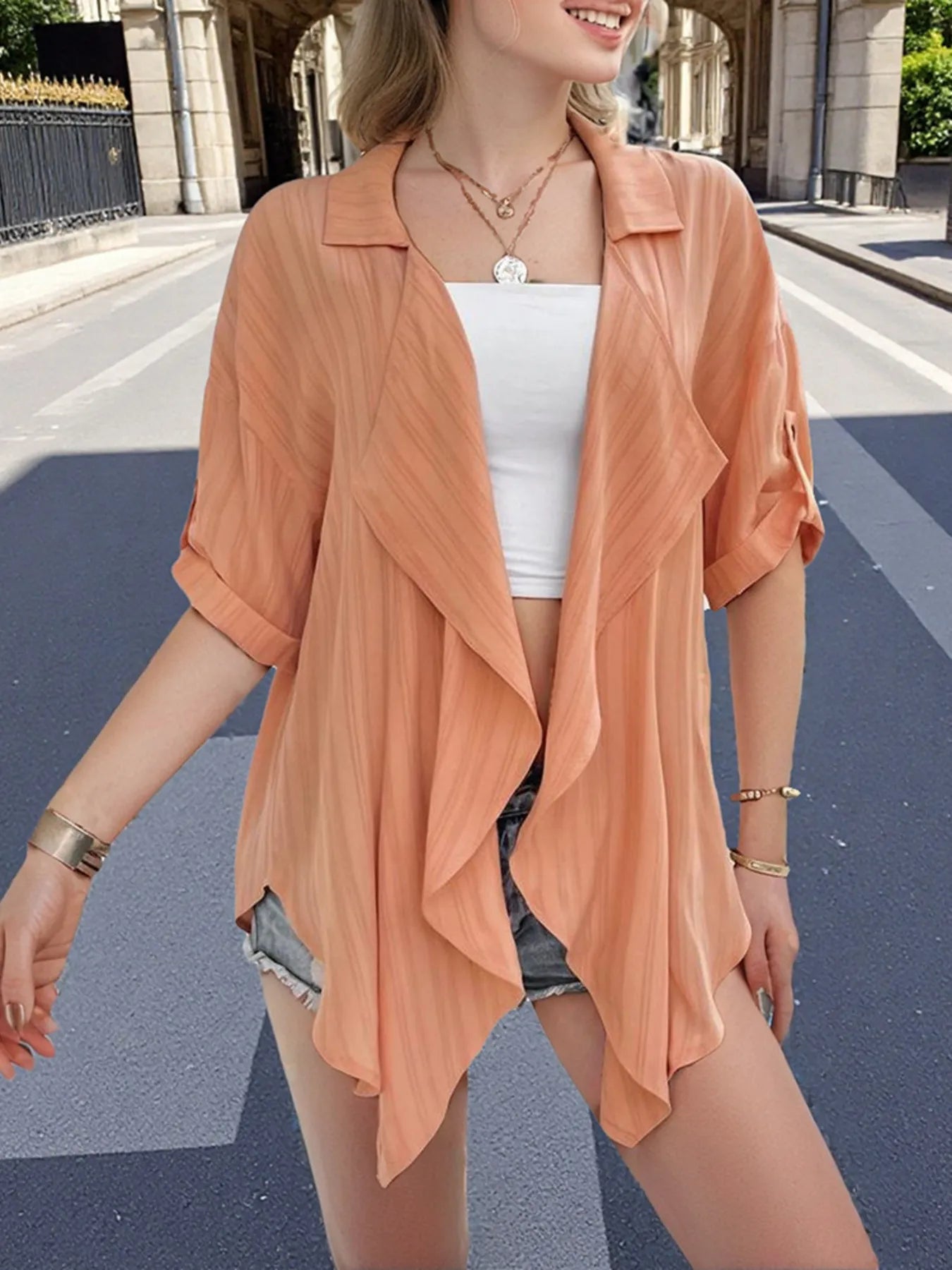 Shiny Trench Coats Open Front Half Sleeve Cardigan