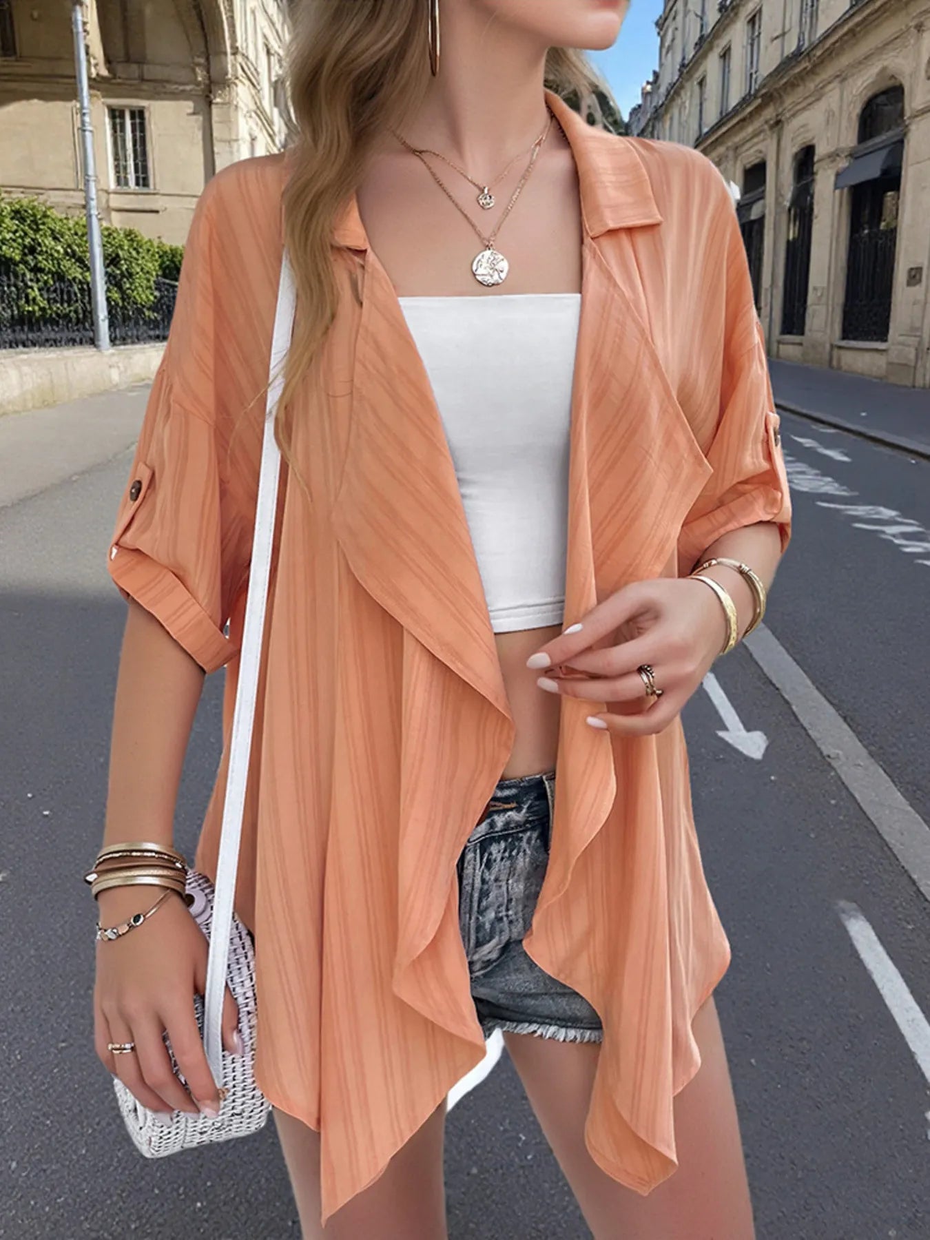 Shiny Trench Coats Open Front Half Sleeve Cardigan