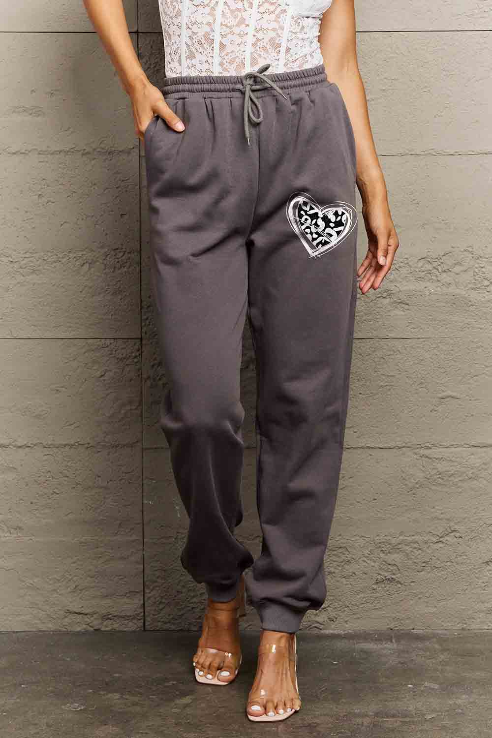 Simply Love Dark Gray / S Simply Love Simply Love Full Size Drawstring Heart Graphic Long Sweatpants