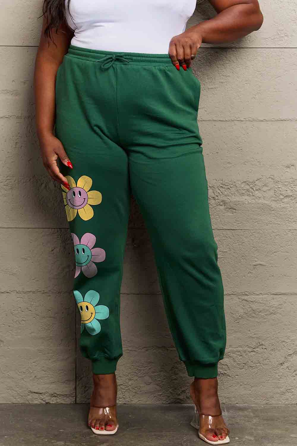 Simply Love Dark Green / S Simply Love Simply Love Full Size Drawstring Flower Graphic Long Sweatpants