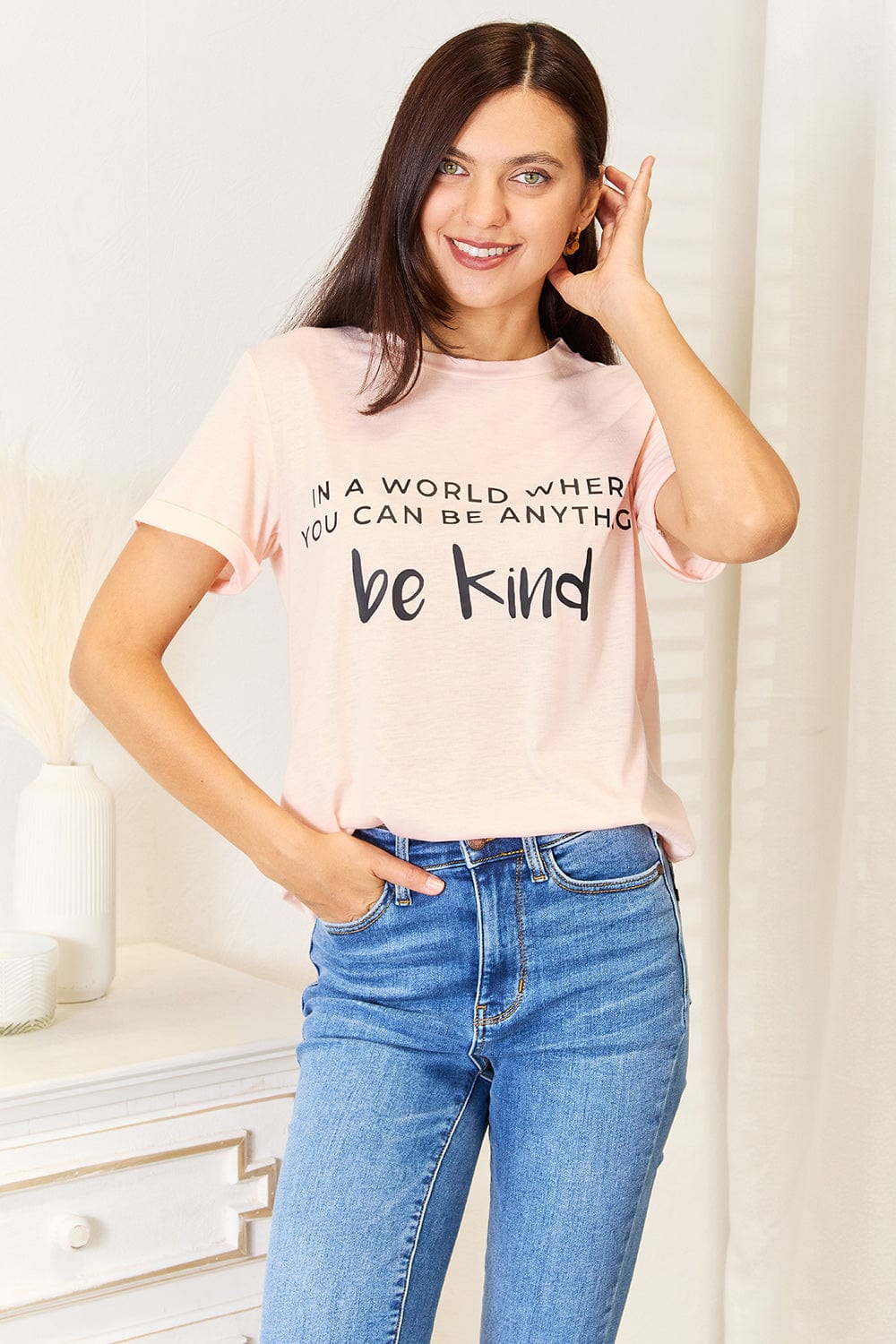 Simply Love T-shirts Blush Pink / S Simply Love Slogan Graphic Cuffed T-Shirt